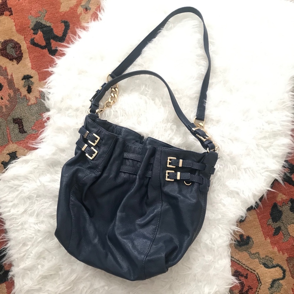 Michael Kors Buckle Bucket Shoulder Bag Navy - Picture 2 of 16